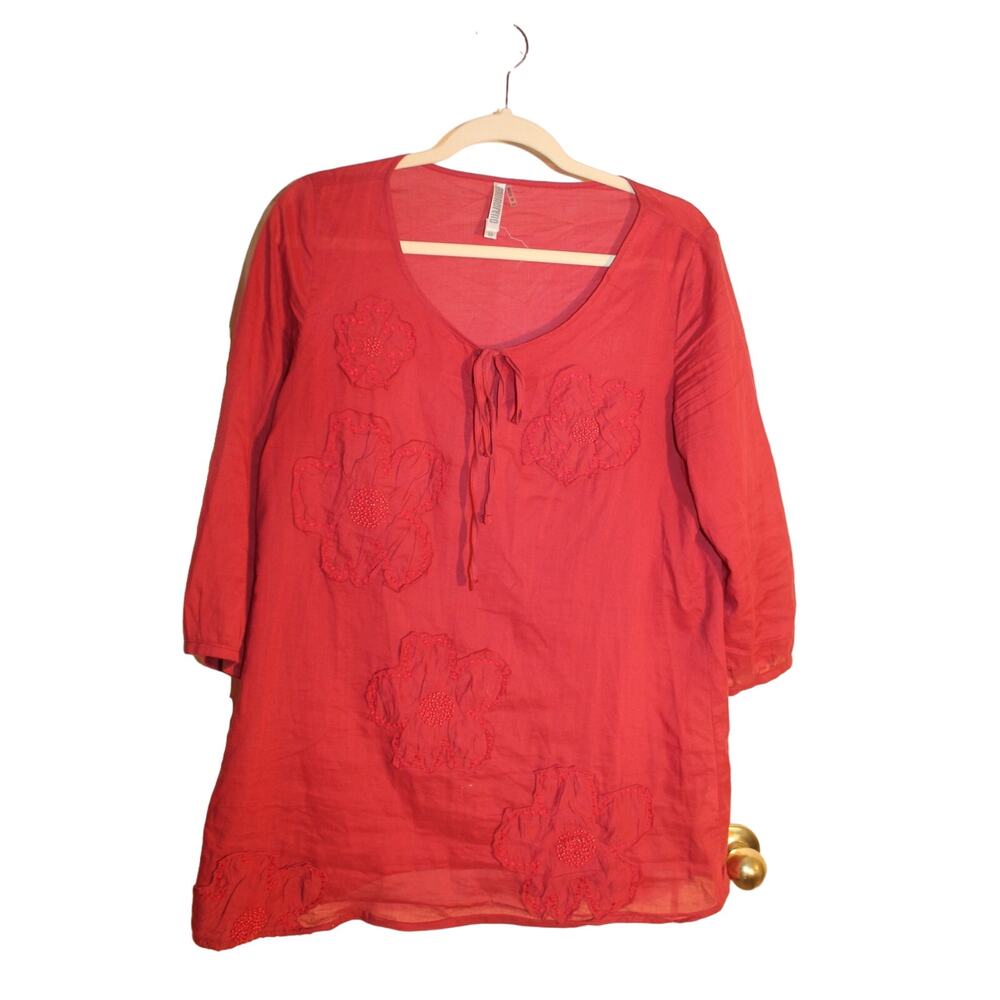 Monoreno Maroon Cotton 3/4 Sleeve Appliqued Peasant Blouse sz M